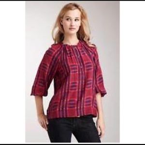 BCBGMaxAzria Pink and Navy Plaid Silk Blouse